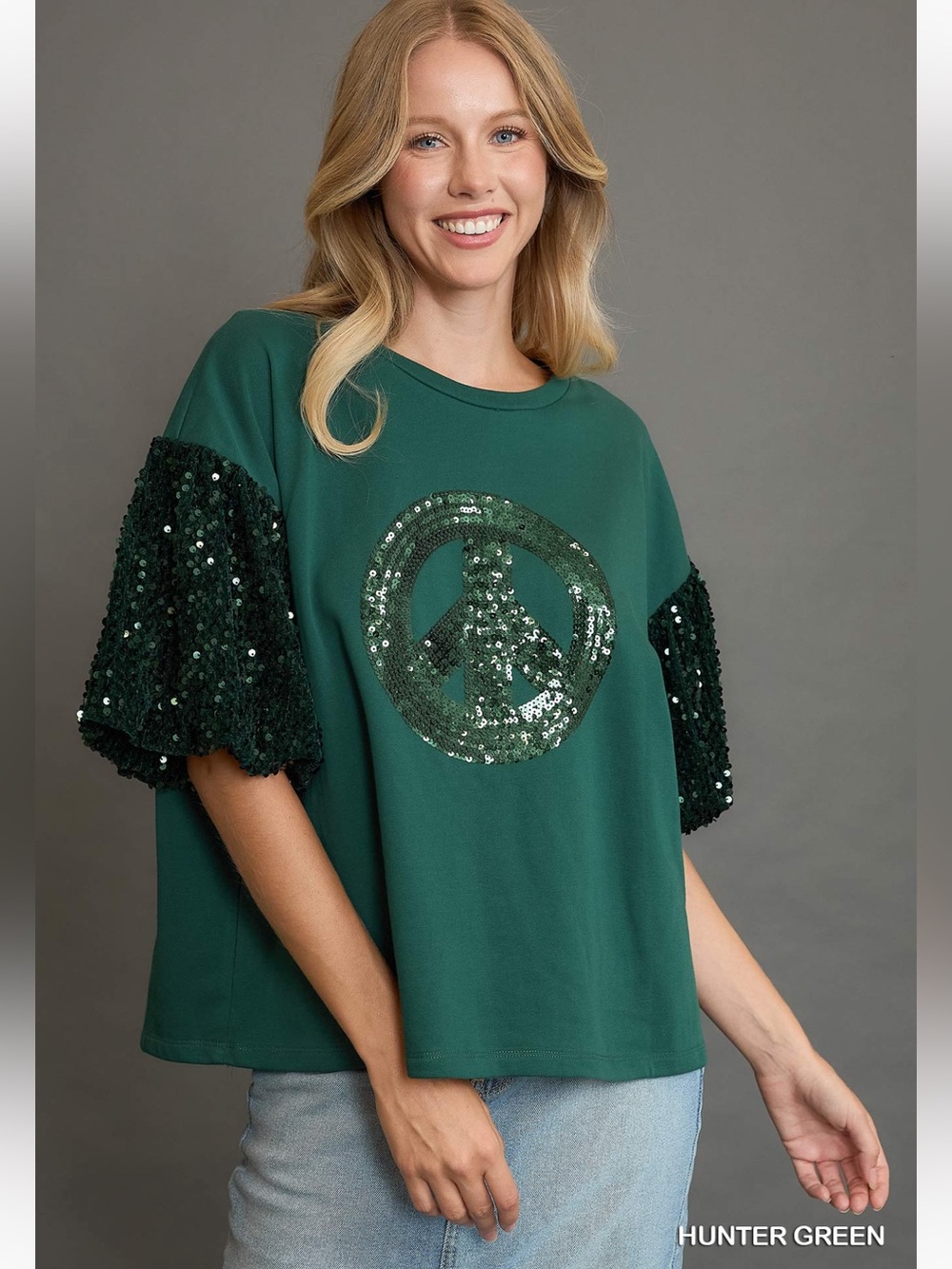 Green Sequin Peace Sign Short Sleeve Top